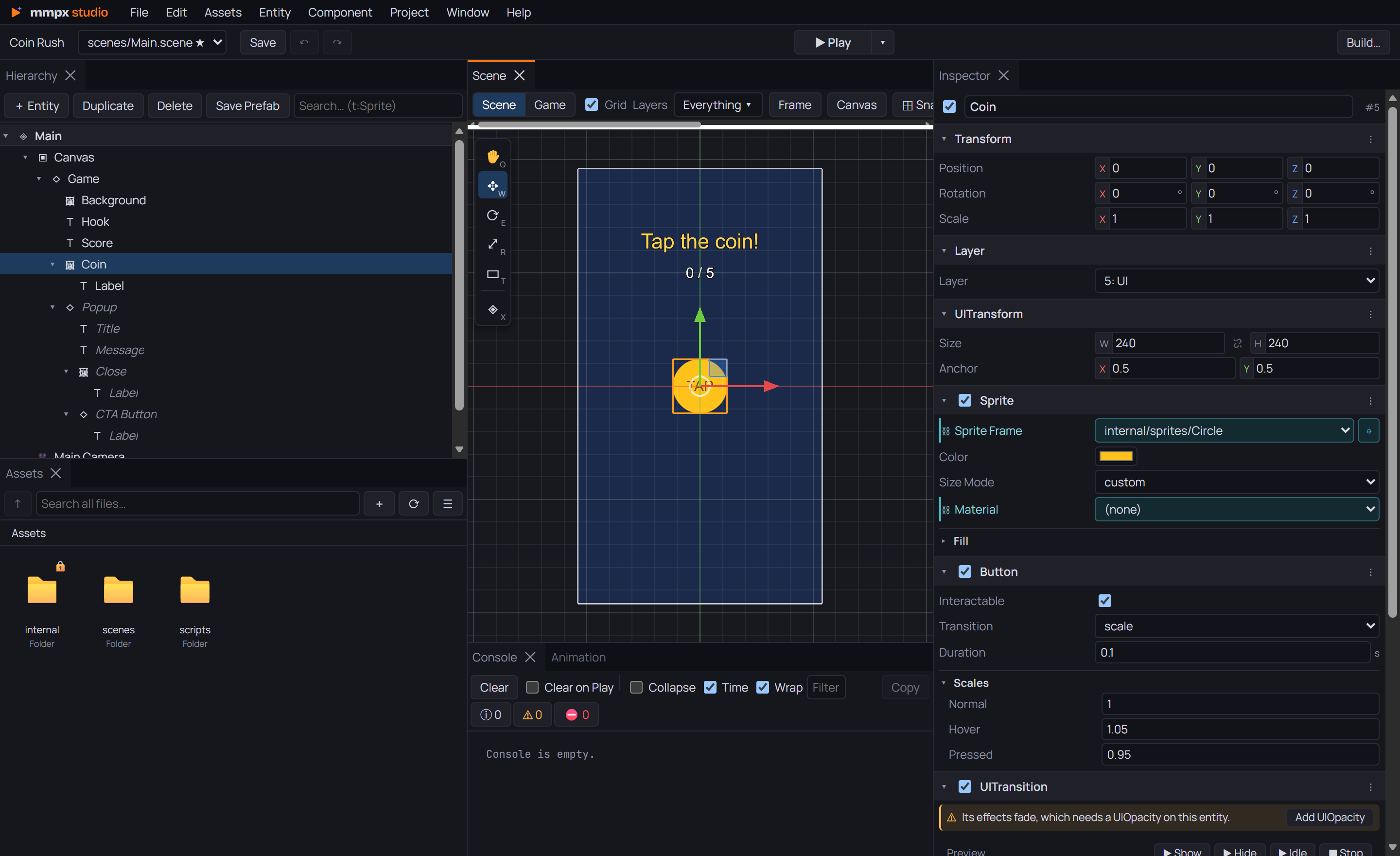 The MMPX Studio editor: a playable ad's scene, its hierarchy and the selected coin's components.